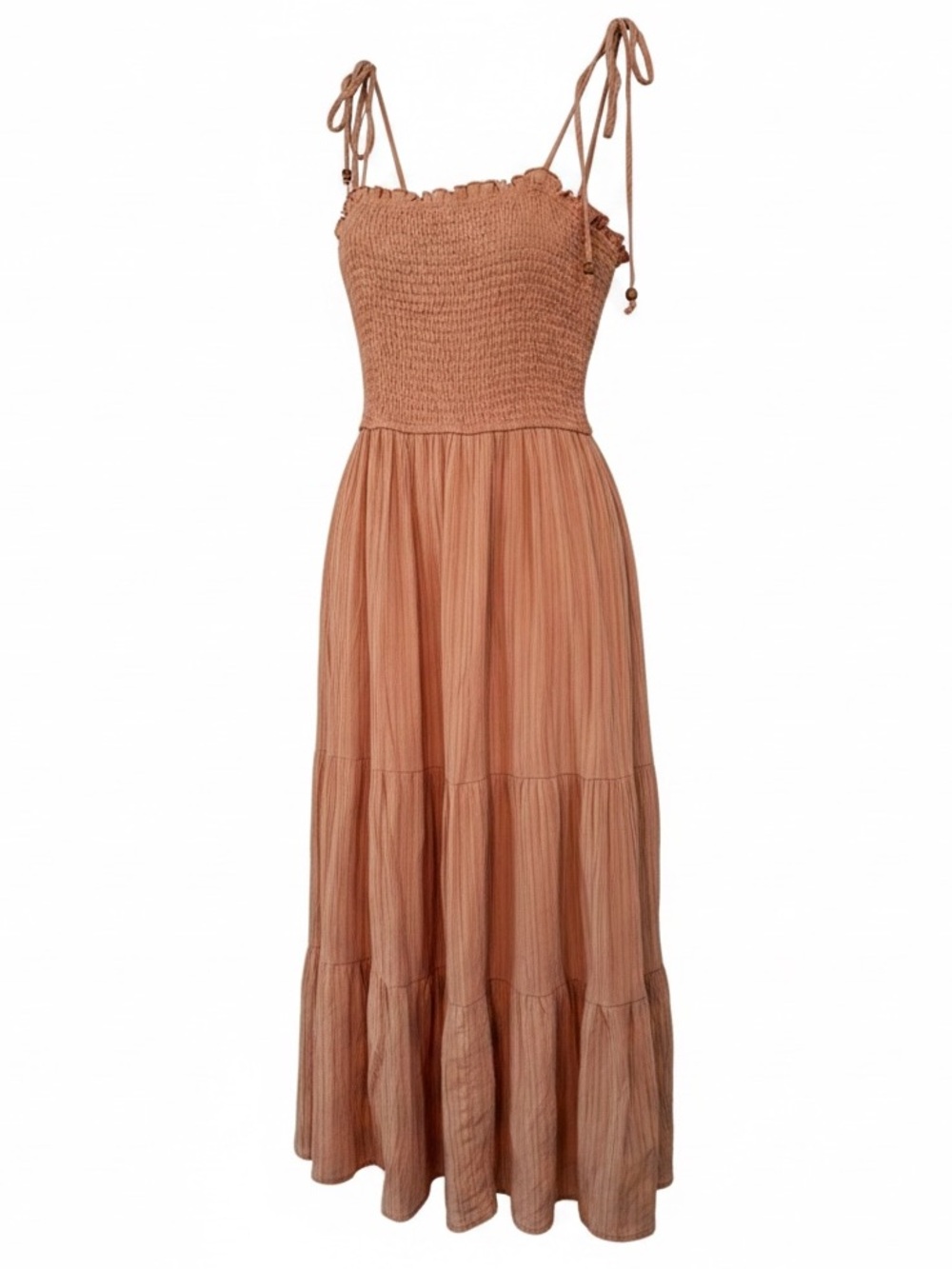 Altar’d State Smocked Tiered Tie-Shoulder Maxi Dress in Rust